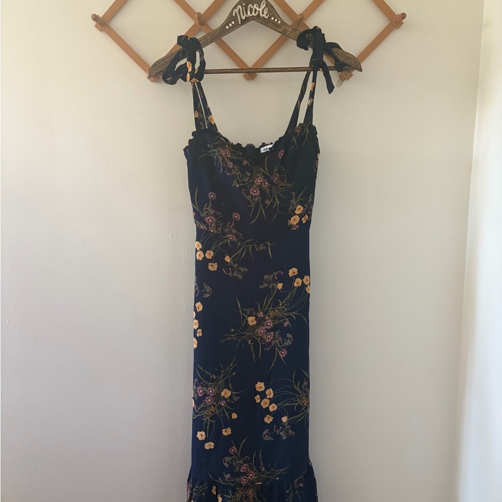 Reformation Navy Floral Tie-Shoulder Midi Dress with Yellow & Pink Blooms - Picture 3 of 5